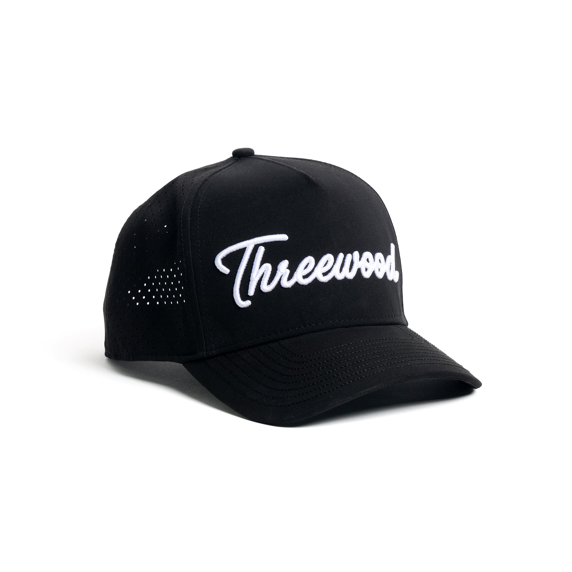 Threewood Golf Performance Script black golf hat with 3D embroidered white script logo and structured 5-panel design