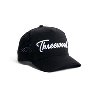 Threewood Golf Performance Script black golf hat with 3D embroidered white script logo and structured 5-panel design